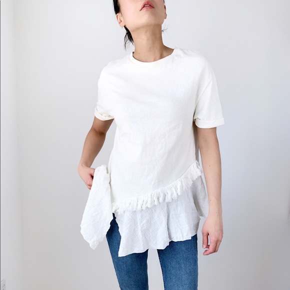 ZARA WHITE ASYMMETRIC HEM FRINGES TOP - SIZE M MADE IN PORTUGAL - Picture 4 of 6